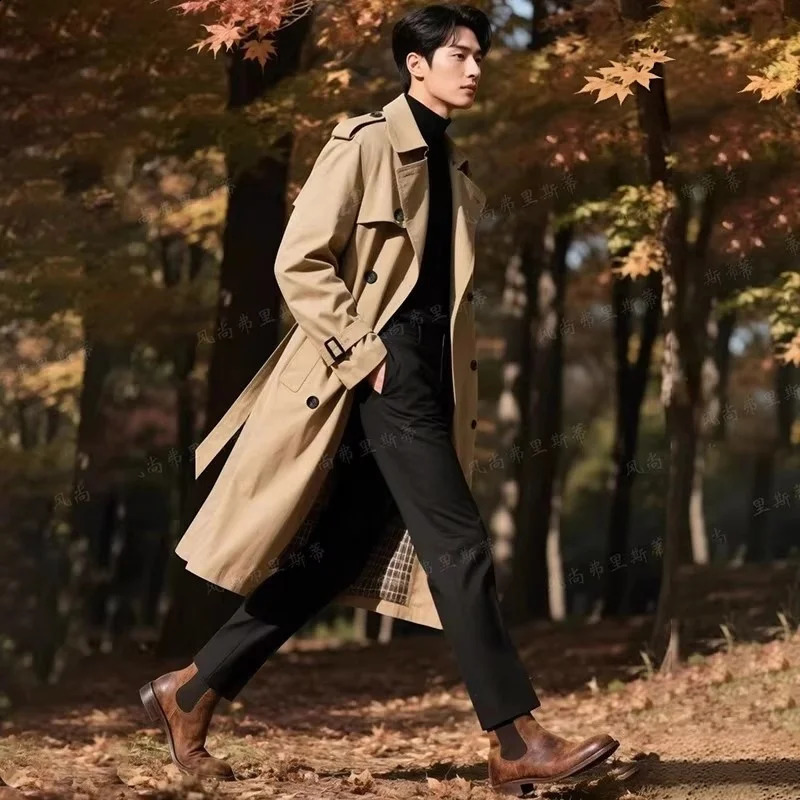 Men's Double-Breasted Oversized Trench Coat Business Casual Lengthened Spring Autumn Fashion Outerwear 260916