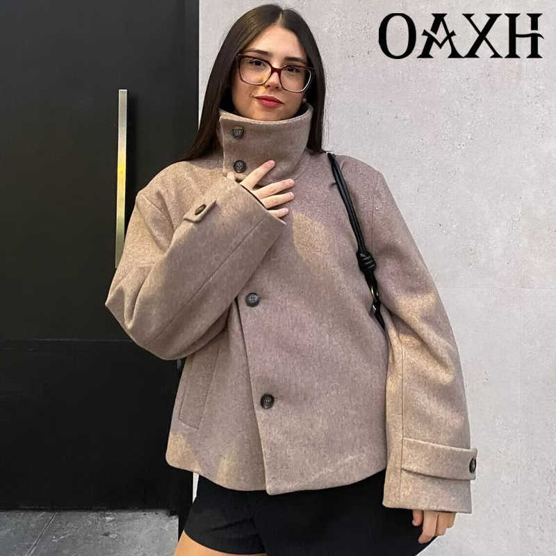 Tweed Crop HXAO Jacket Women's Jacket Autumn 2026 Elegant Khaki Black Button Up Long Sleeve High Neck Tops For Woman Warmth CoatT260916