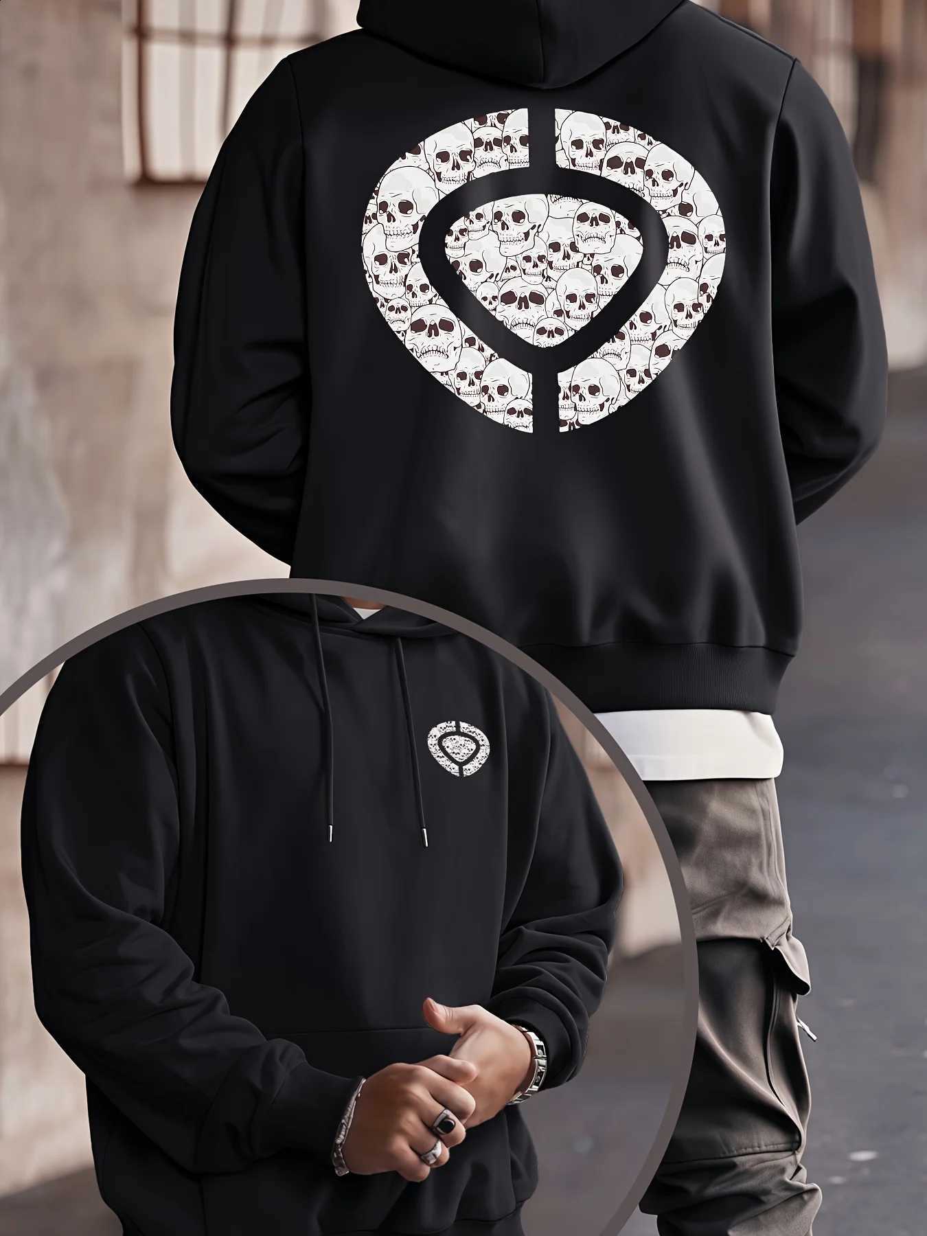 hooded men's New sweatshirt stylish featuring Circa's signature skull print and a kangaroo pocket. A gothic Y2K style men's top. D260