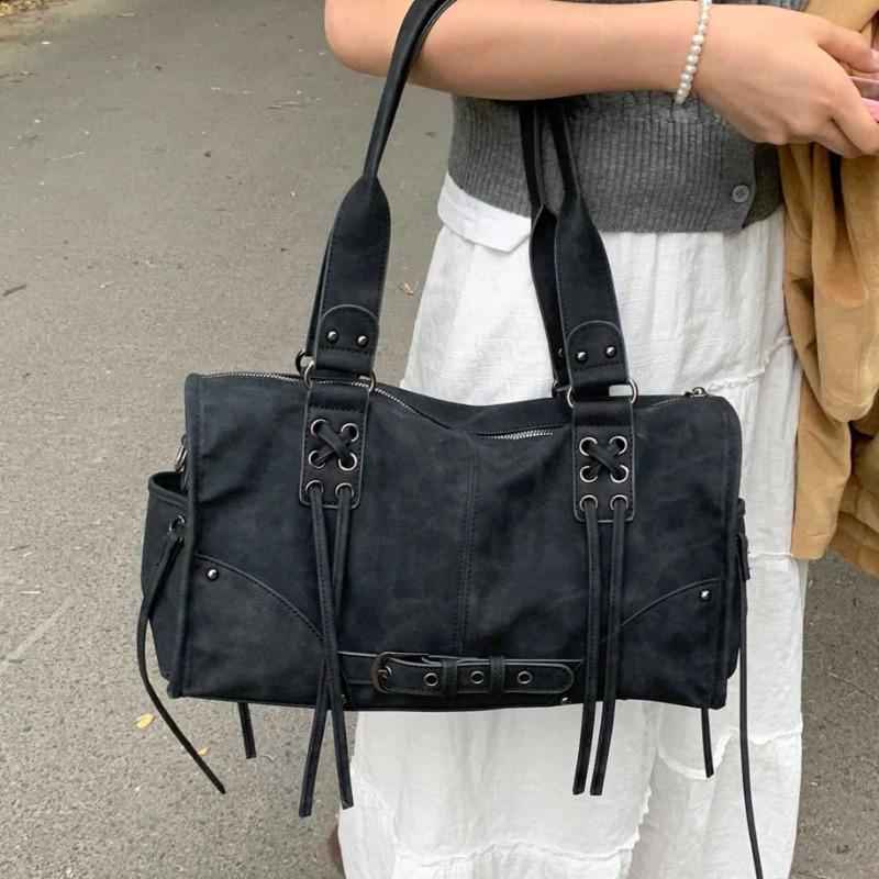 Retro Motorcycle Handbag Women Horizontal Tote Storage Tassel n Pillow Shoulder Bag Trendy Large Capacity Soft Underarm 260914