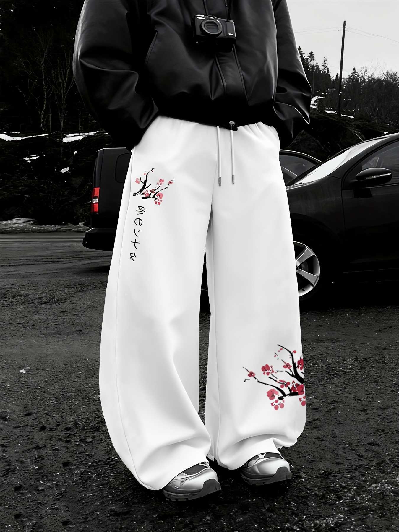 Men's Autumn Straight-Leg Sweatpants Plum Bossom Print Casual Stylish and Versatile Suitable for Sports and Daily Wear D260916