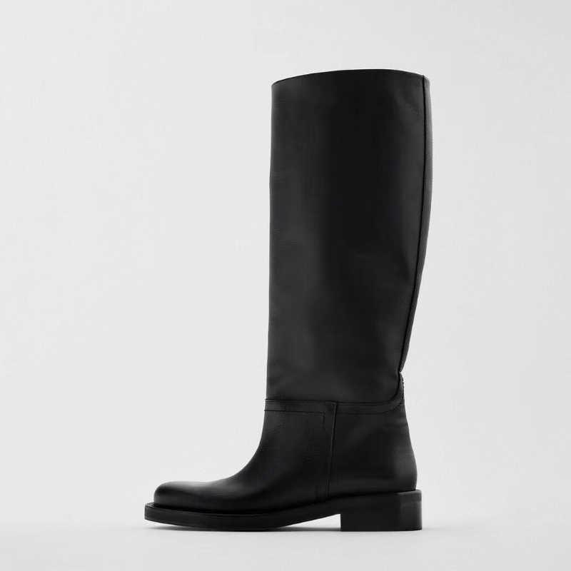 High Knee Black Boots Leather for Women Low Block Heel Round Toe Elegant Versatile Commuting Boots for Office Daily Party D260916