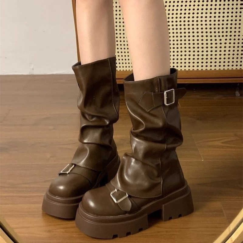 Boots Women's Chunky Platform Motorcycle Vintage Slouchy Mid-Calf Biker Shoes Matte Leather Booties D260916