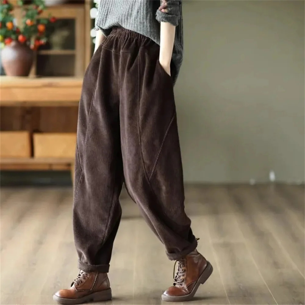 Arrival Spring Autumn Women Vintage Patchwork Ankle-length Pants Casual Loose Corduroy Elastic Waist Harem Pants K072 260916