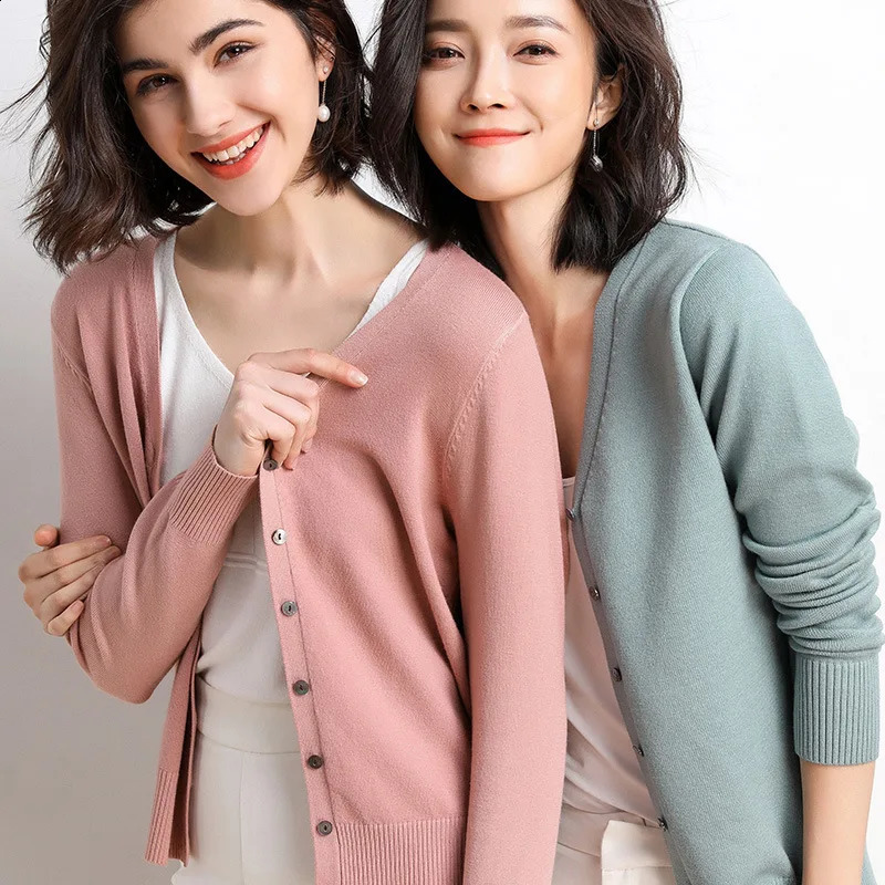 Cardigans Women Autumn Single Breasted V-neck Knitted Sweater Fashion Short Knitwear Solid Blue Green Pink Women's Jumpers 260916