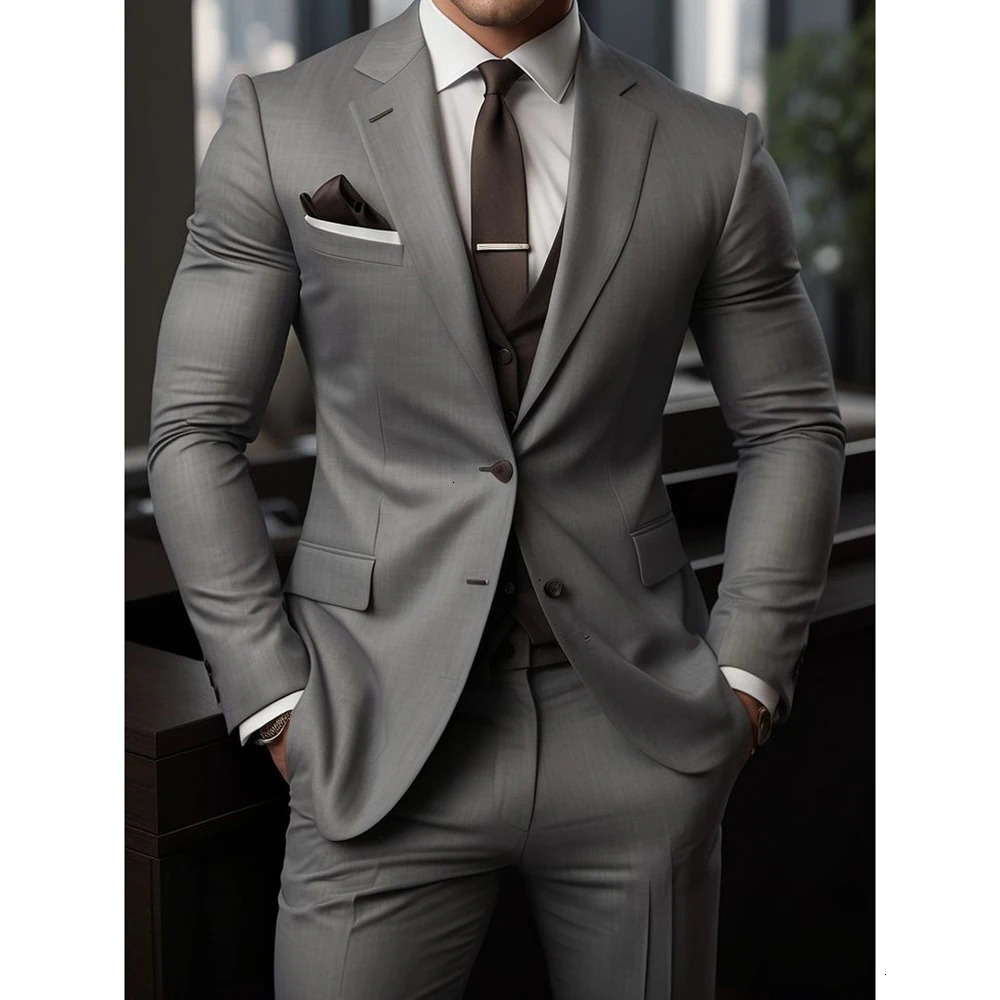 High Quality Mens Suits Grey Outfits Single Breasted Notch Lapel Wedding Costume 3Piece Jacket Pants Vest Slim Fit 2415