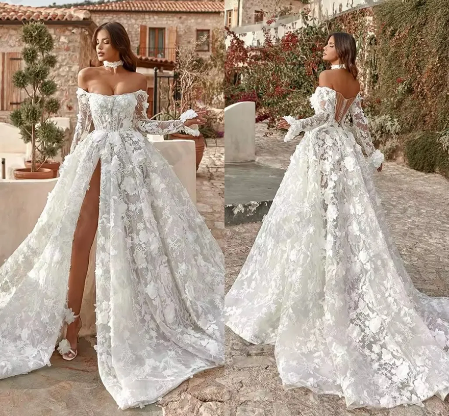 Off The Shoulder Romantic 3D Floral Lace A Line Wedding Dress With Long Sleeve Sheer Corset Back High Slit Modern Bridal Gown Court Train Robe De Ma
