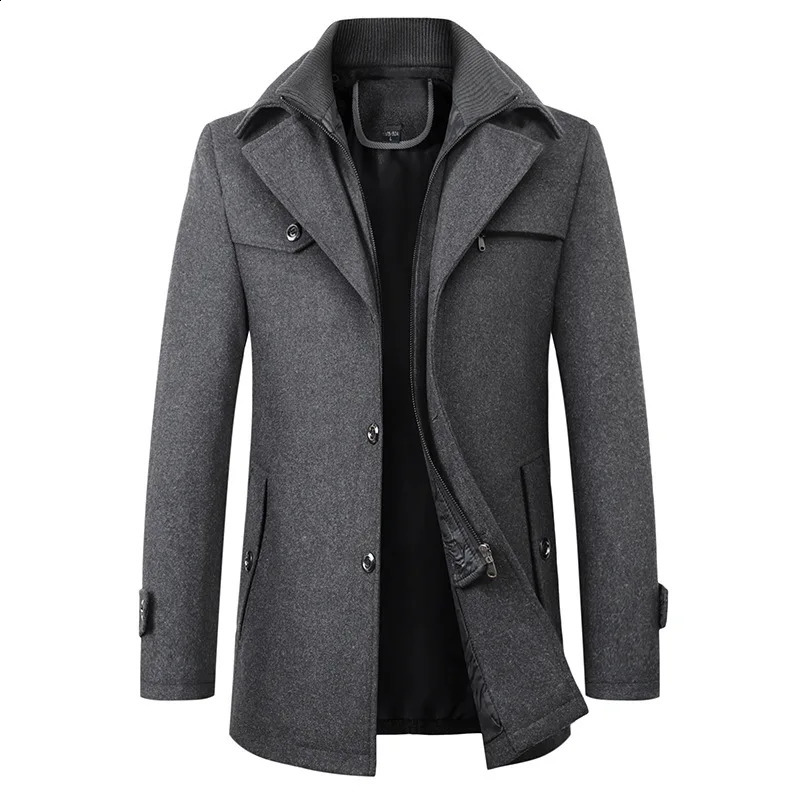2026 Autumn Winter Men's Double Collar Woolen Coat Medium Length Style Casual Cotton Thickened Warm Outdoor Pure Color 260915