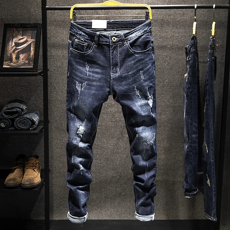 2025 Ripped Jeans Men Slim-fit Denim Pants Cotton Korean Style Fashion Elasticity Versatile Blue Black Men's Clothing 260916
