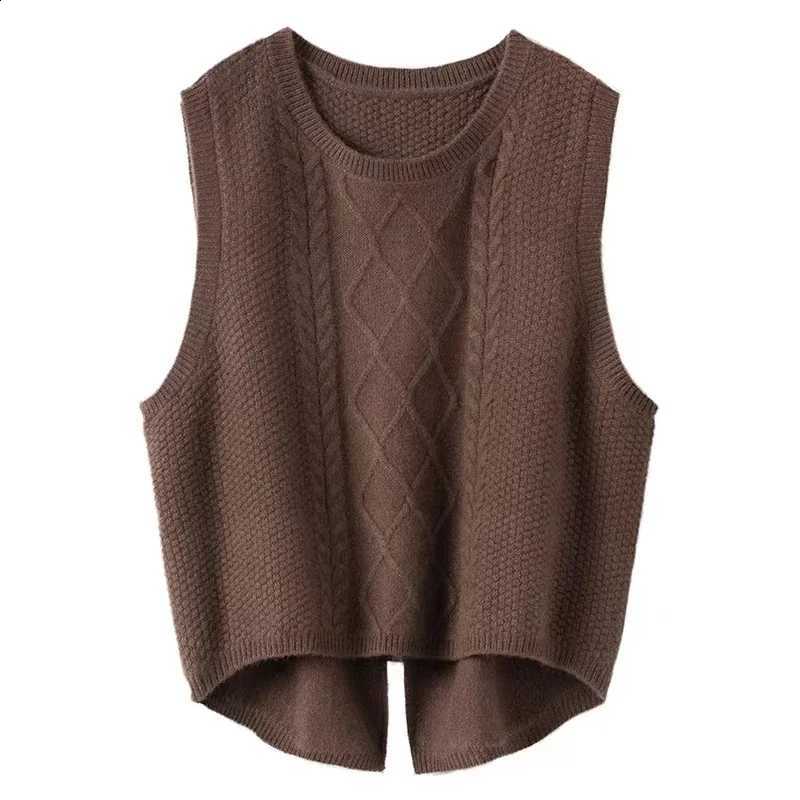 Women's 100% Merino Wool Vest O-Neck Tank Tops Autumn and Winter New Twisted Knitted Cuff Shoulder Korean Fashion Warm WaistcoatW260915