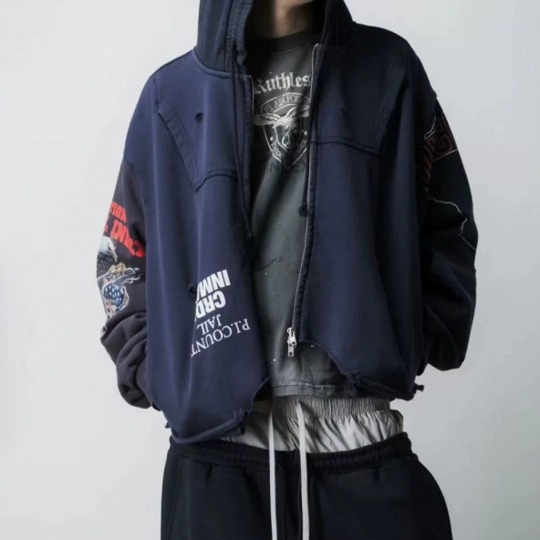 New Unisex Distressed Color Block Zip Up Hoodie Designer Embroidery Patchwork Hooded Sweatshirt Y2K Streetwear Jacket