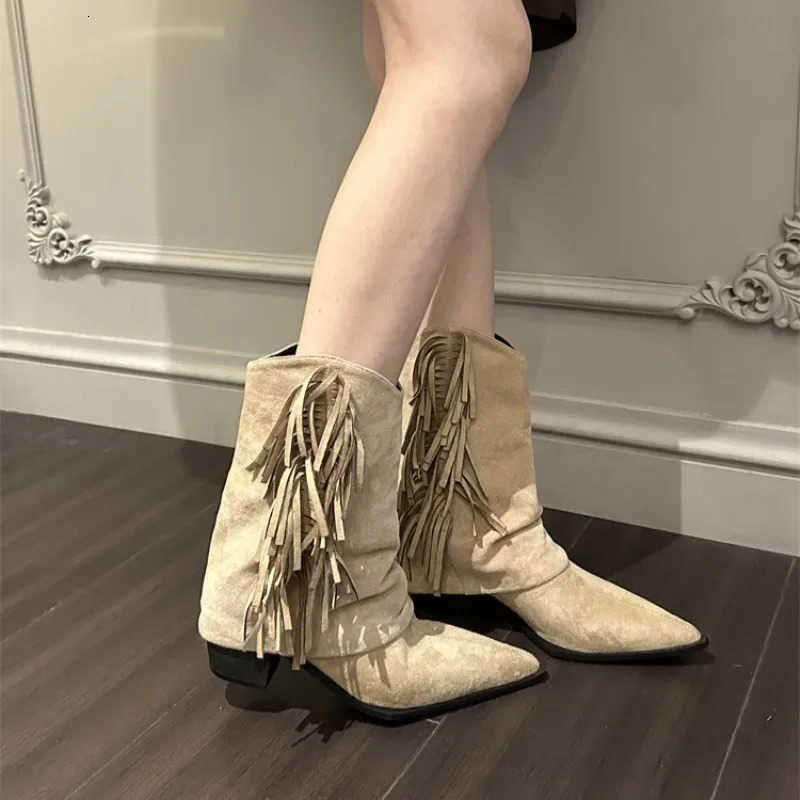 Tassel Pointy Women's Western fashion Boots Fall New Vintage Suede Soft Sole Non-slip Low Heel Ankle Boots D260916