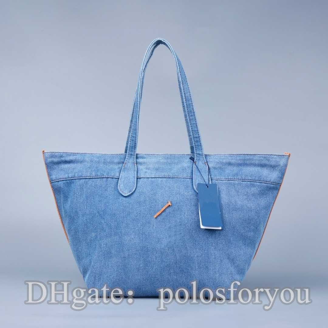 Tote Bag Blue Bag Large Women's Bag hand bags Vintage 2026 Blue Denim Tote Bag with Sewing Genuine Leather Patterns Design polosbagforyou