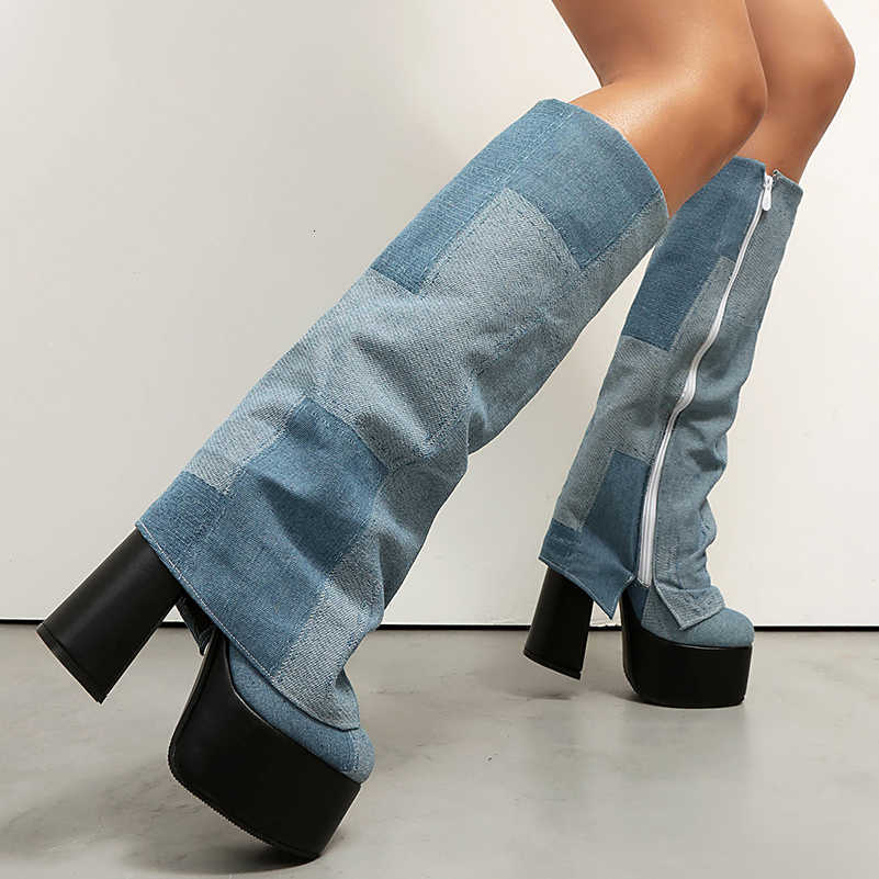 Blocked Plus Color Size Flanged Denim Side Zipper Street Trend Knee High Boots Platform Ultra Thick Heel Height Increasing Boots D260916