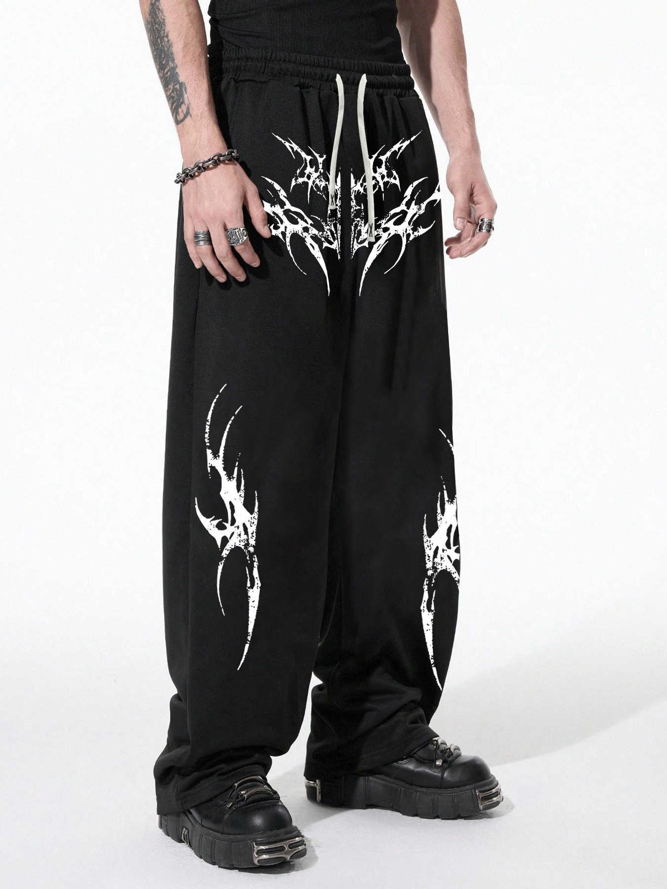 and Men's Gothic White Black Bone and Chain Pattern Jogging Pants Casual Sportswear Drawstring Four Seasons Straight Pants D260916