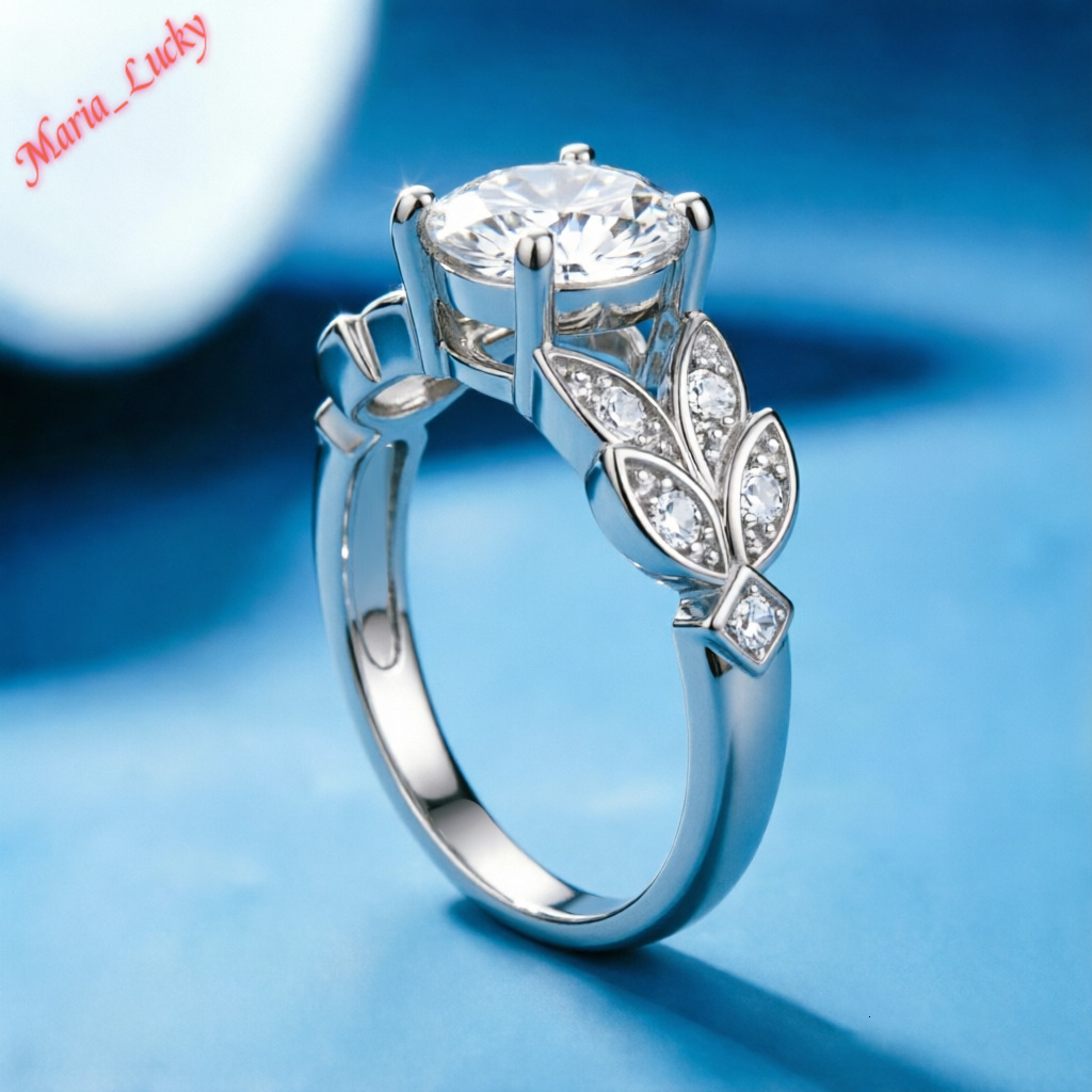 New S925 Sterling Silver 2CT VVS Moissanite Leaf Solitaire Ring for Women GRA Certified Pass Diamond Tester Brilliant Round Stone Wedding Engagement