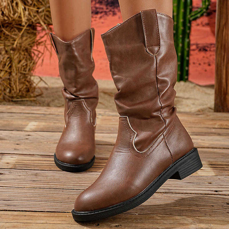 Western Vintage Pu Leather Boots Women 2025 Winter Medium Heel Slip On Black Ankle Boots Woman's Short Booties Plus Size D260916