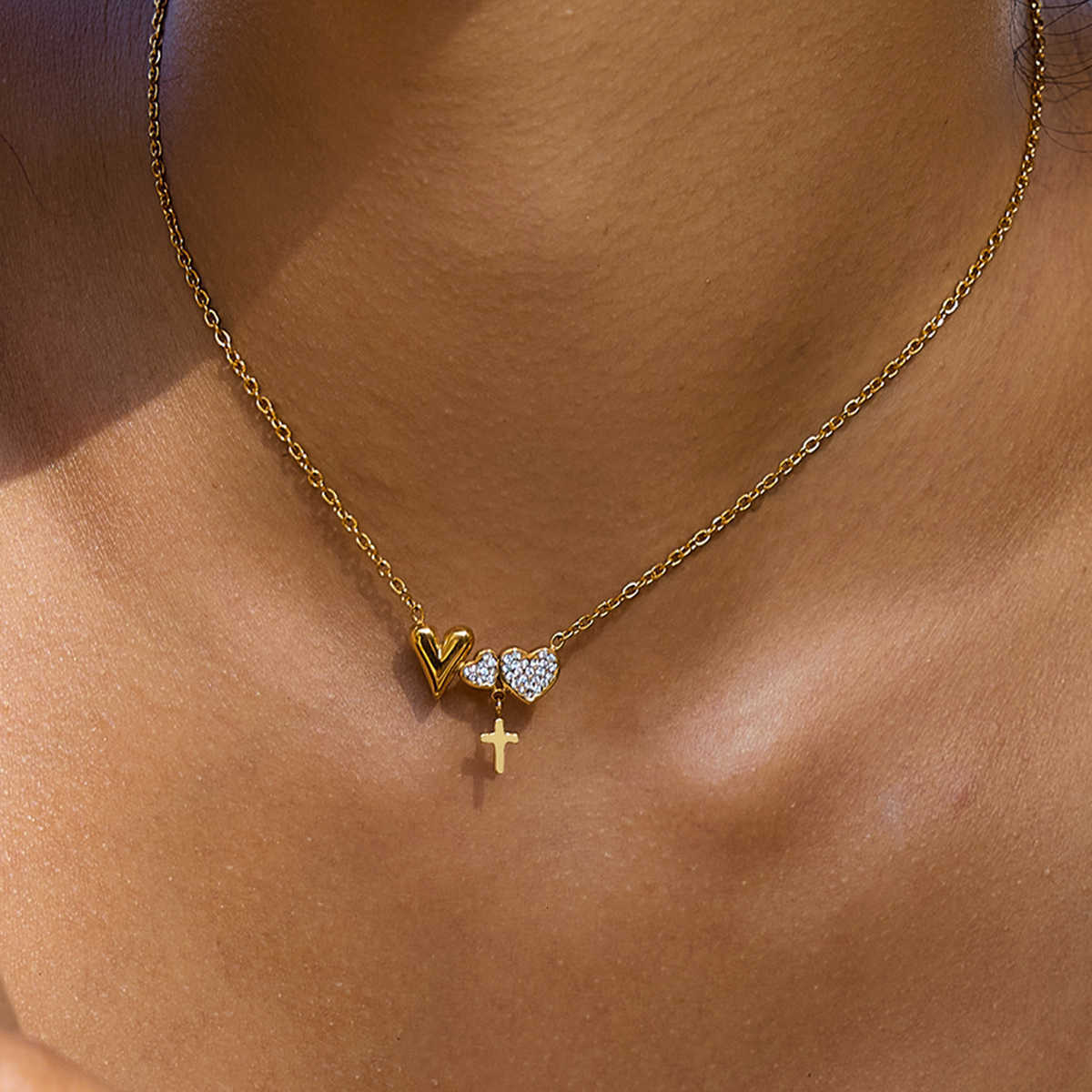 Simple Heart Zora Cross Pendant Necklace with Rhinestones 18K Gold Color Plated Stainless Steel Daily JewelryT260916