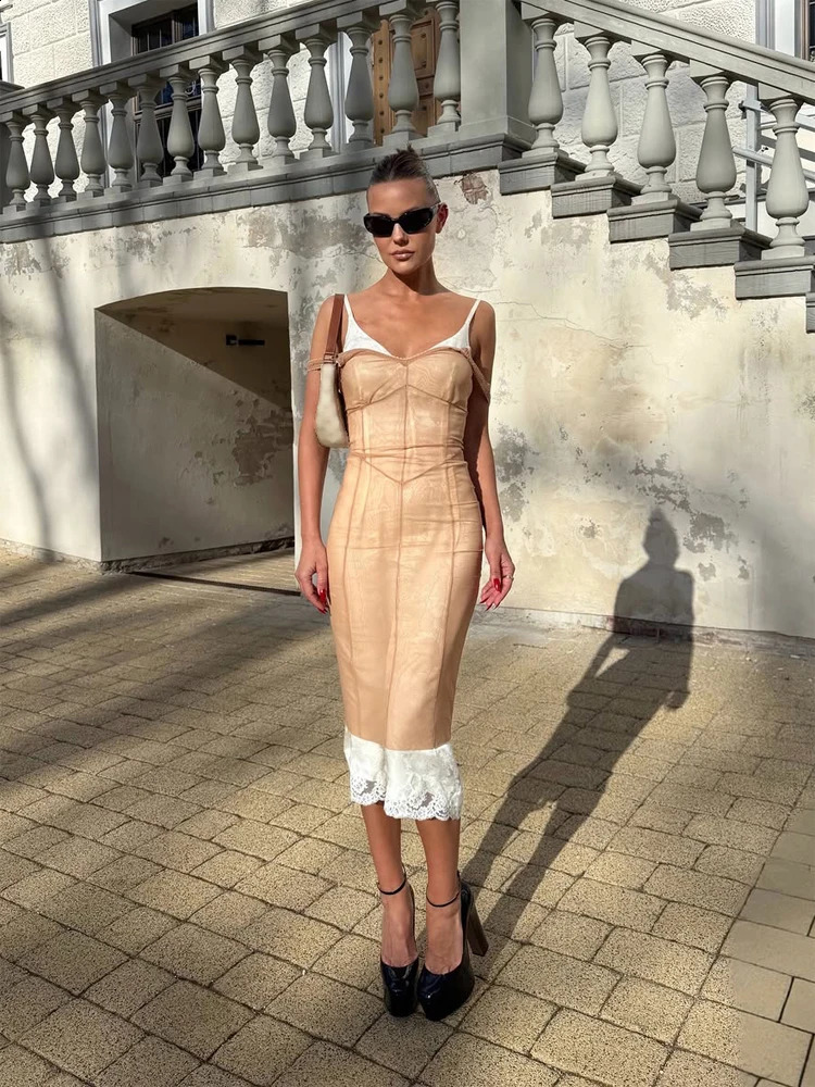 Elegant Mesh Splice Maxi Dress Women Off Shoulder Spaghetti Strap Seam Detail Bodycon Irregular Ruffle Hem Evening Party Robes 260916