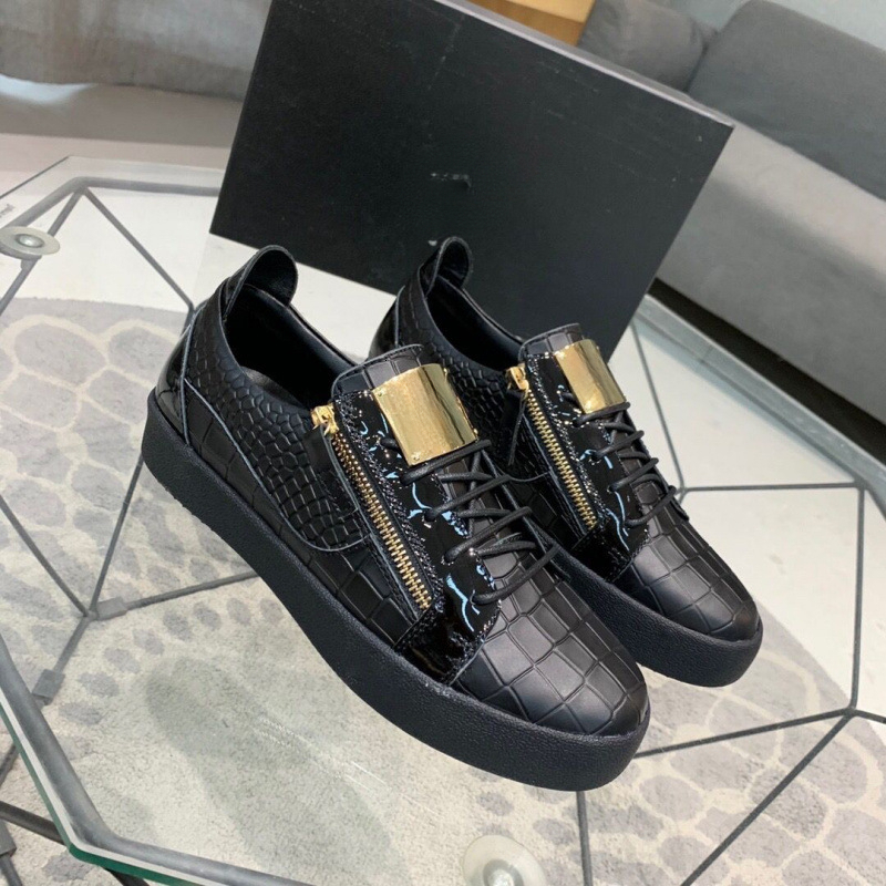Men's Zip Decor Skate Sneakers, Black Croc Embossed Faux Leather Low Top Shoes, Lace-up Flat Footwear, With Gift Box Pack, Luxury Streetwear Se
