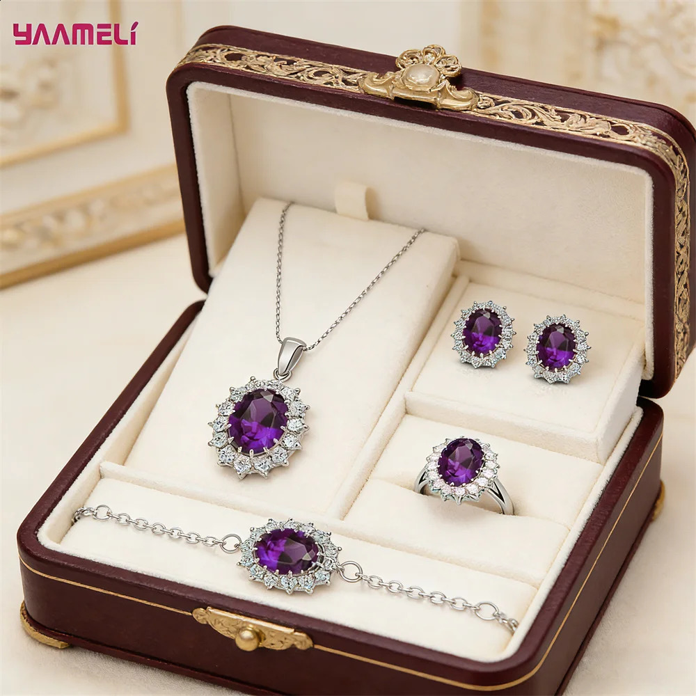 Oval Gemstone Bridal Jewelry Set 925 Sterling Silver Necklace Earrings Ring Bracelet for Women Wedding Party 260916