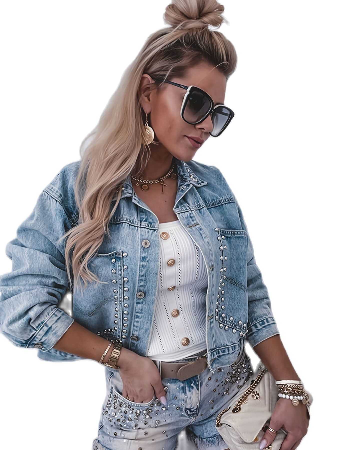 New 2023 Autumn Women's Long Sleeve Short Denim Jacket Fashion Retro Rivet Jeans Coat Female Casual Clothing XS-L Drop ShippingT260916