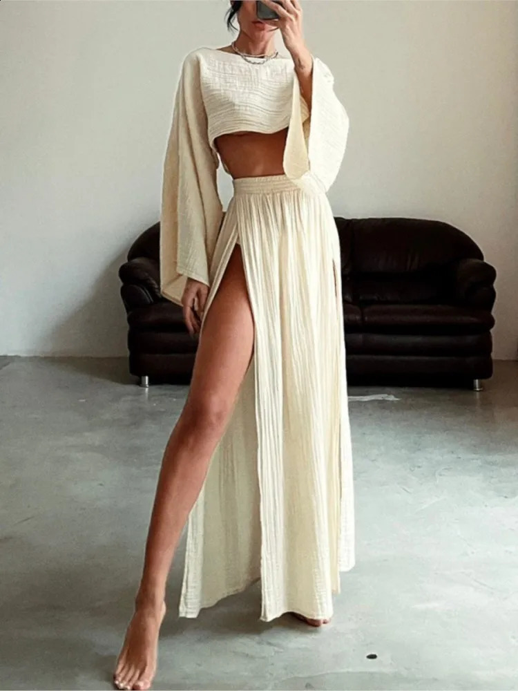 Casual Holiday Style Simple Solid Color Skirt Set Linen Blended Short Top High Waist Chic Split Cotton Linen Two-piece Set 260916