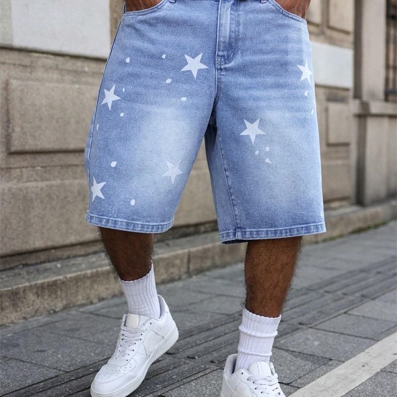 Men's Blue Denim Shorts for Spring and Summer with Stars Printed on the Legs Are Stylish and Simple to Match 260909ww