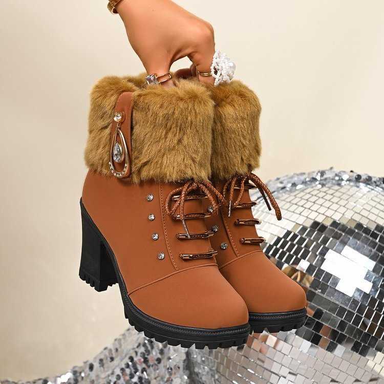 New Large Velvet Warm 2025 Women's Shoes Round Head Thick Heel Middle Tube Flip Edge Side Zipper Boots D260916