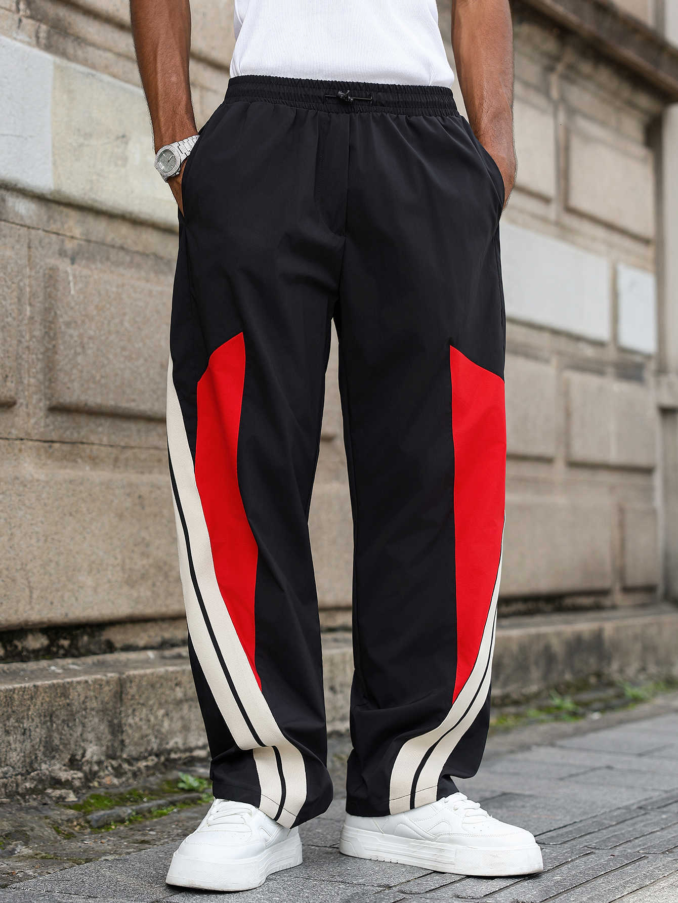 Multi-Color Men's with Long Pants Patchwork and Striped Accents Casual Loose-Fit Sportswear Suitable for Team Uniforms School D260916