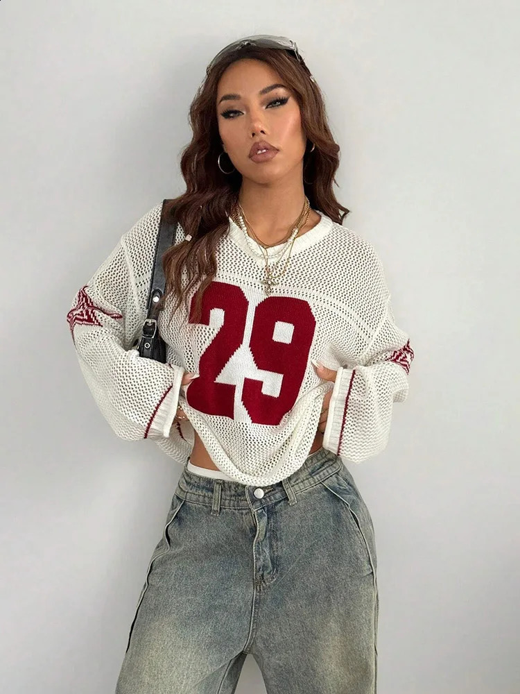 Y2K Style Sports Women's Knitted Tops Fashionable Digital Printed Round Neck Long Sleeve Jumper Summer Street Trend 260916