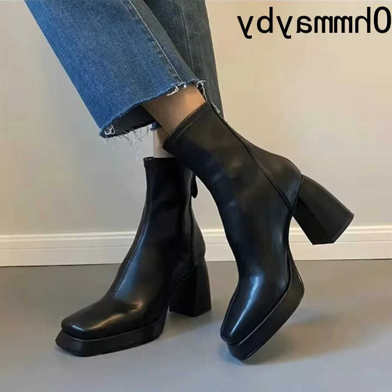 Women Toe Vintage Ankle Square Boots fashion Back Zippers Short Booties Autumn Winter Laides Concise Largas Booties D260916