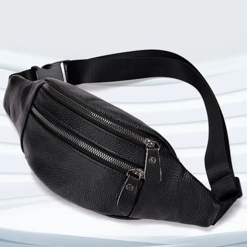 Men's Genuine Leather Chest Bag Double Zipper Cowhide Fanny Pack Casual Crossbody Sling Bag for Daily Commute Travel 260916