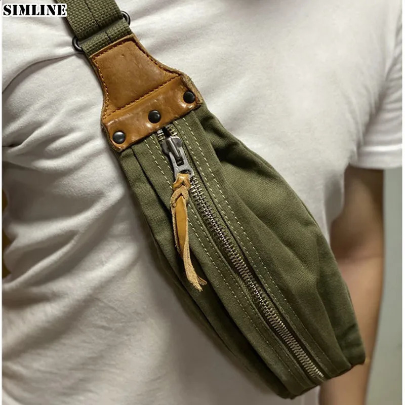 Canvas And Genuine Leather Chest Bag For Men Male Vintage Handmade Casual Travel Small Sports Shoulder Bag Crossbody Bags Pouch 260916