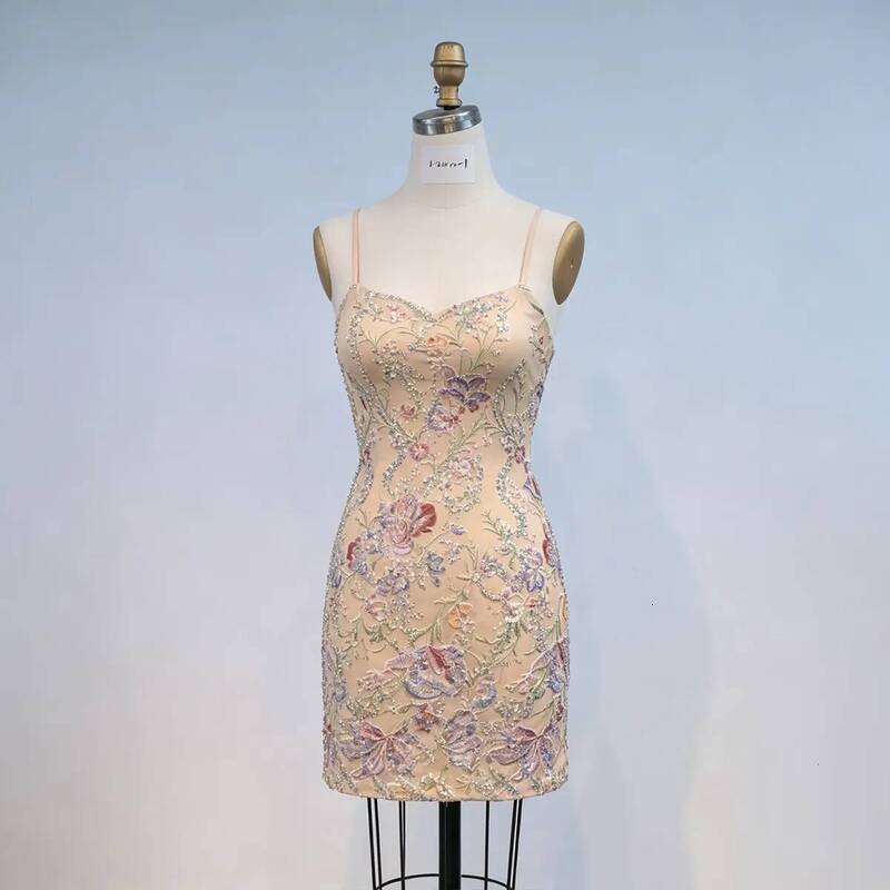 Spaghetti Straps Scoop Neck Nude Mini Homecoming Dress Multicolor Floral Embroidery Rhinestone Beaded Bodycon Short Cocktail Party Gown For Women su