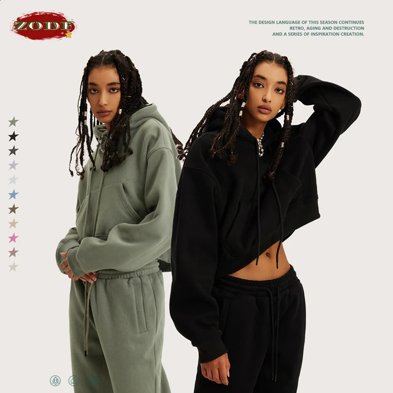 ZODF Chic Sexy Women Super-short Fleece Cropped Hoodies Girl Female Hip Hop Loose 345gsm Solid Hooded Pullover Streetwear HY0340 260916
