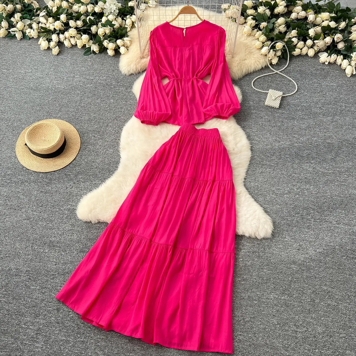 Skirt Set Women Dress Sets Two Piece Sets Round Neck Elegant Casual Loose Tops A Line Long Skirts Elastic Waist Y2k Streetwear 260916