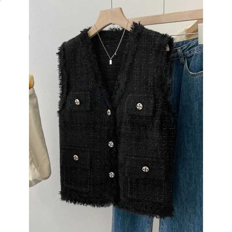 Spring Women's Fringed Vest Jacket Autumn V-Neck Elegant Solid Knitted Vest Button Cardigan Splicing with Pockets Casual VestsW260915