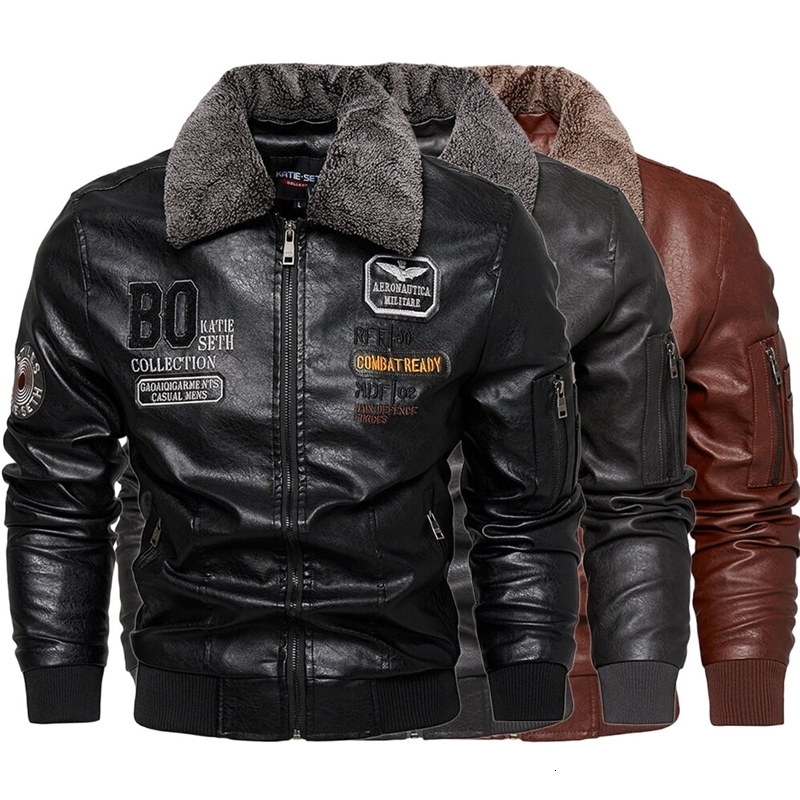 Business Slim fit Leather Bomber Jacket Men Slim Leather Flight Jacket Black Pilot Coat High Quality Man Fur collar Warm Jackets 260915