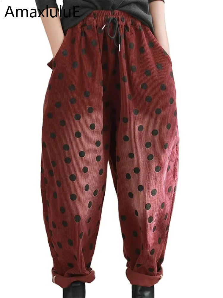 Amax LuluE Winter Womens Korean Fashion Loose Dot Warm Corduroy Pants Ladies Thicken Leisure Vintage Classic Harem Trousers 260916