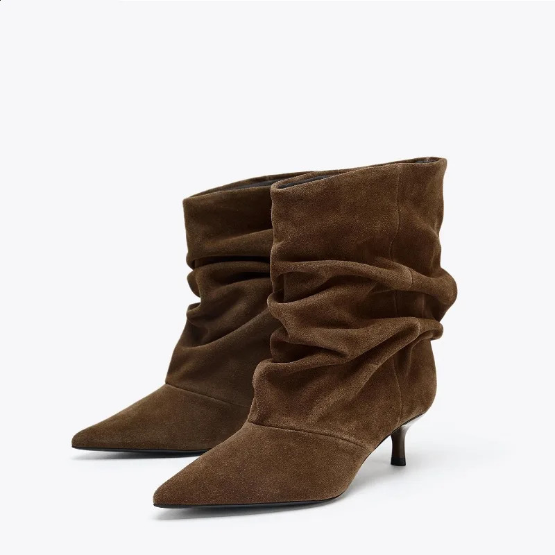 Spring Autumn Retro Style Pleated High Heel Womens Ankle Boots 2026 Fashion Solid Pointed Toe Casual for Women 260916