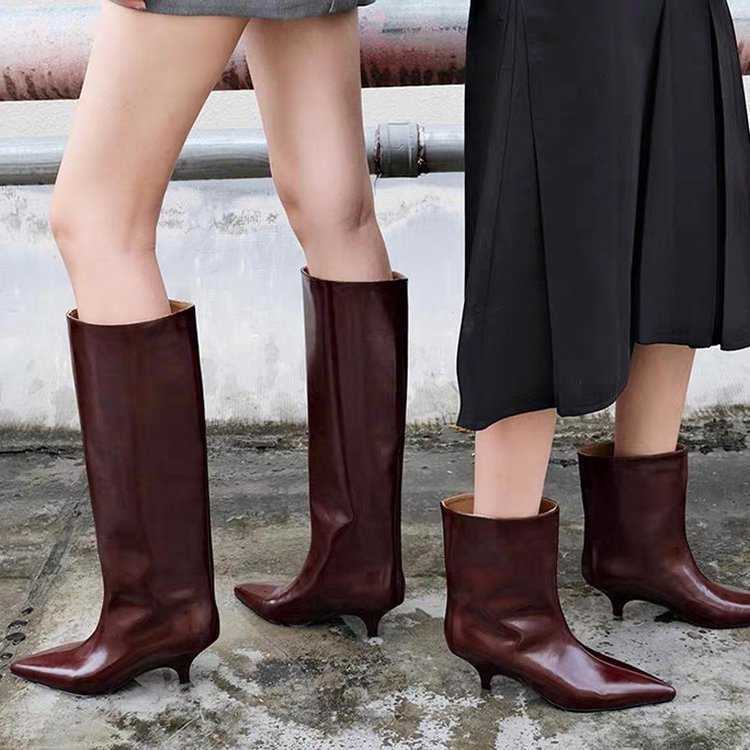 Leather Patent Women's High Chelsea Boots Burgundy Pointed Toe Women's Boots Low Kitten Heel Mature Style Women's Shoes D260916