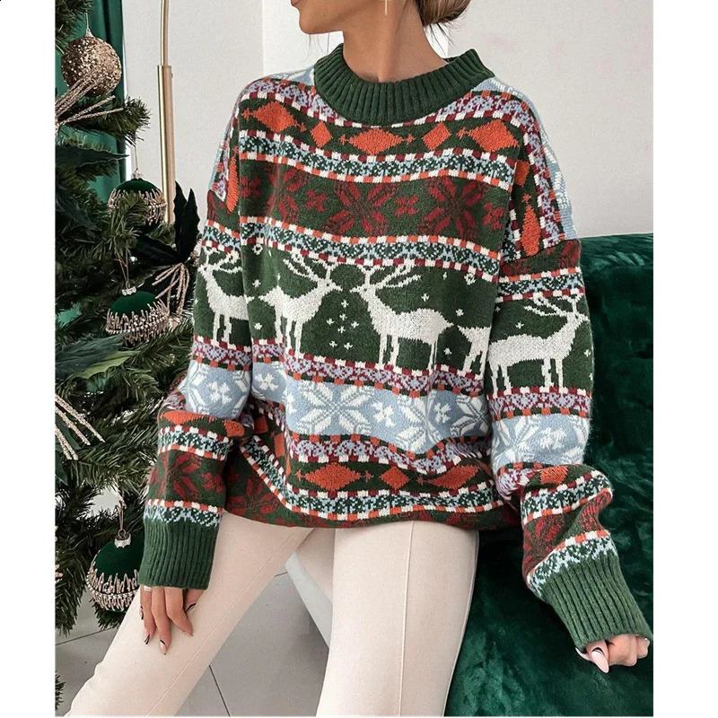 Winter Christmas Sweater for Women Jacquard Knitted Long Sleeve Warm Deer Print Pullover Tops Knitwear 260916