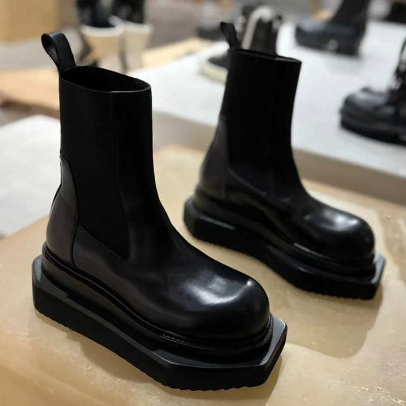 Boots Chelsea Black Women Platform Winter Leather Square Toe Slip-On Ankle Boots British Style Casual Non-slip Motorcycle Boots D260916