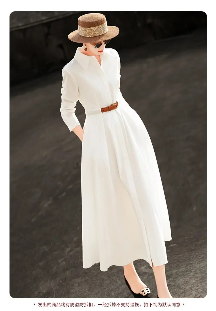2026 New Spring Elegant Commuter Lapel Collar Long Sleeve Leather Belt Waist Pocket Slim Flared Midi Shirt Dress
