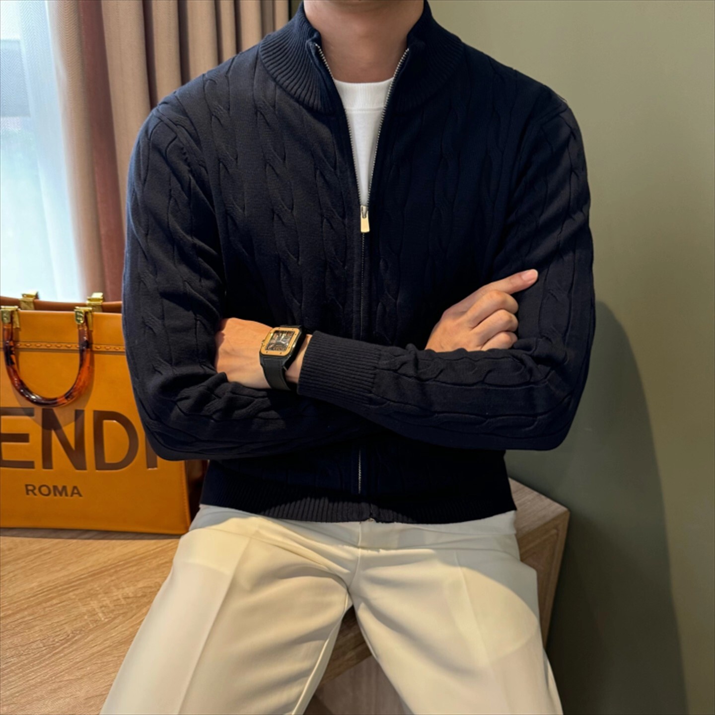 Designer Jacket Luxury Money Style Solid Color Knitted Cardigan Sweater Men's Autumn And Winter Trendy Brand Business Casual Stand Up Collar Zi