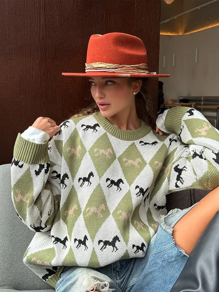 Fashion Knitted Printed Sweater Women Full Sleeve O-neck contrast color Patchwork Sweater Lady Autumn Streetwear Chic Casual 260916