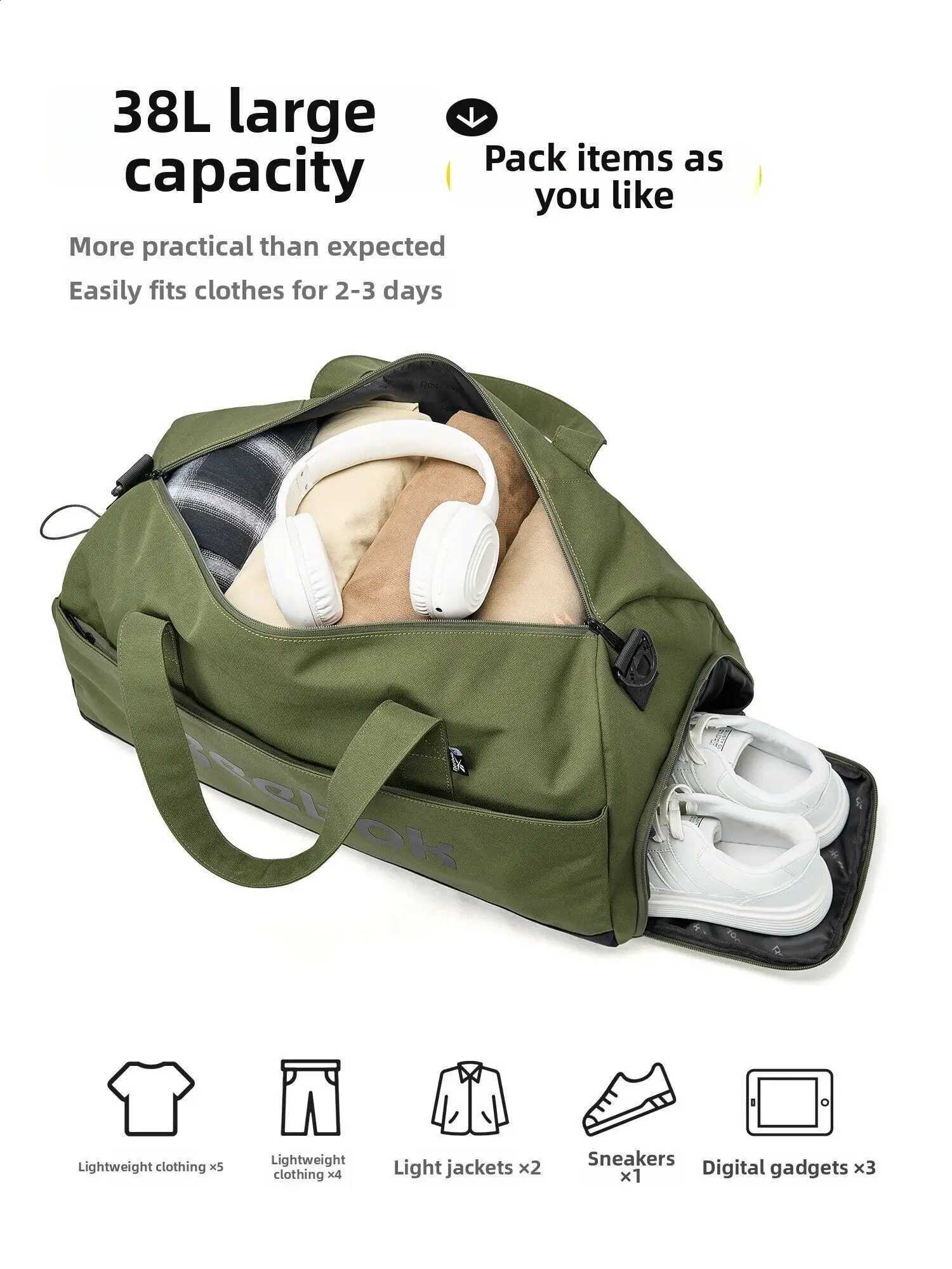 Overnight Carry REEBOK Duffel Unisex Bag Men Wen Olive Green Waterproof Weekender Trip Flight Lage Travel BagW260915