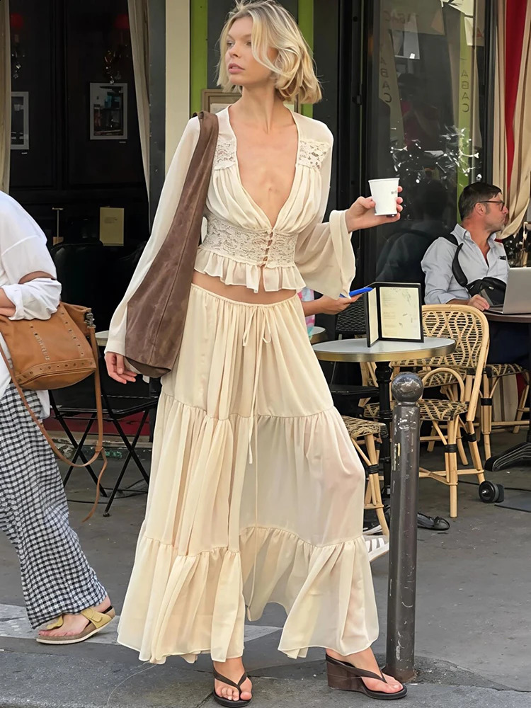Mozision Elegant Sexy Two Piece Set Women V Neck Long Sleeve T-shirt Maxi Skirt Matching Set Female Loose Pleated Club Dress Set 260916