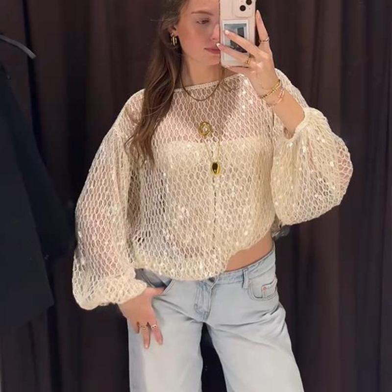 Col rond manches lanternes paillettes creux haut en tricot femmes ample recadrée maille transparente chemisier décontracté vacances voir à traver